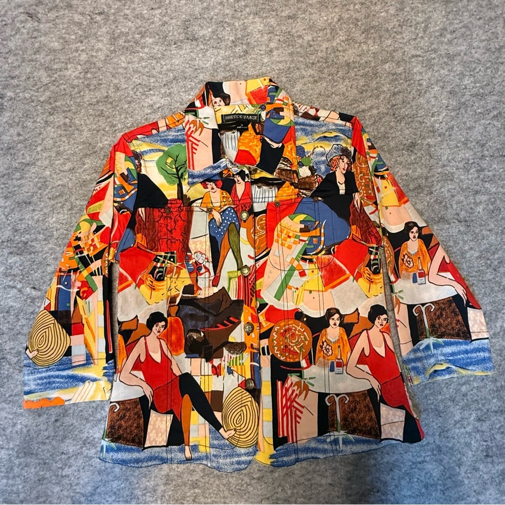Vintage 90s Mirror Image All Over Cafe Art Deco Printed Canvas Jacket Medium
